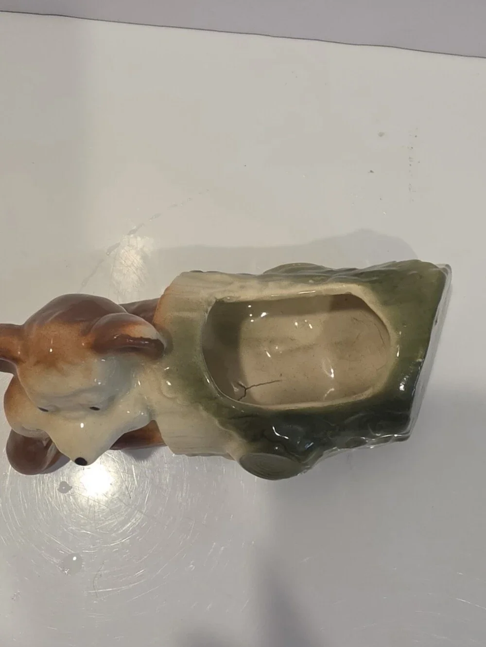 Vintage Ceramic Planter Featuring A Whimsy Bear Lounging Next To A Log.